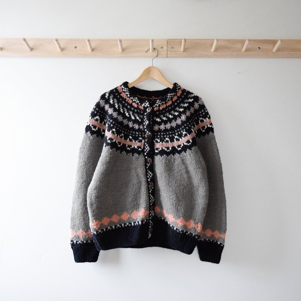 Hand Crafted Gray, Black & Pink Fair Isle Wool Cardigan